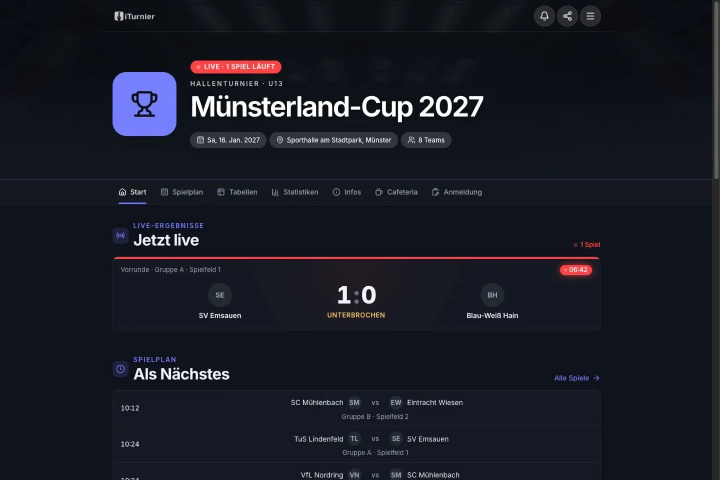 Screenshot der Turnierseite im Design Stadion: Kopfbereich und Live-Ergebnisse.